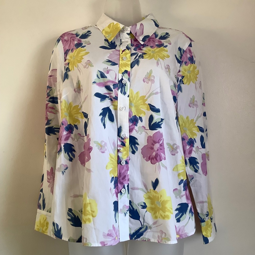 Talbots Petite Womens Floral Cotton Button Down Shirt White Yellow Purple LP